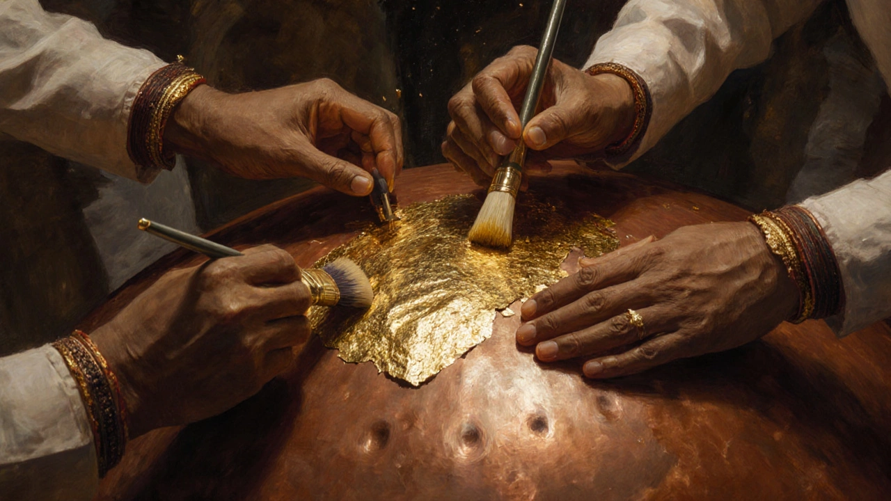 Artisans applying gold leaf to the copper dome of the Golden Temple.