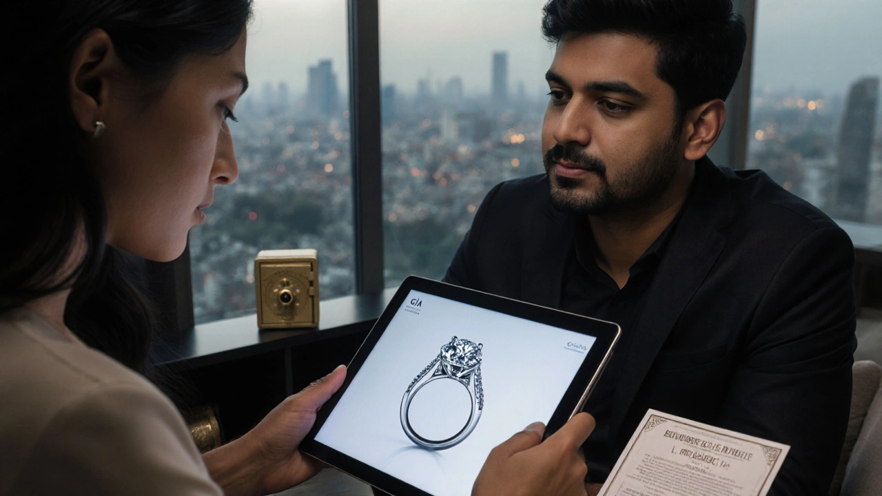 Couple reviews a 360° ring video on tablet with certification cards and insurance documents nearby.