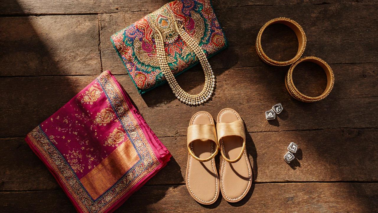 Flat lay of gold jewelry, embroidered clutch, silk scarf, Kolhapuri shoes, and silver studs.