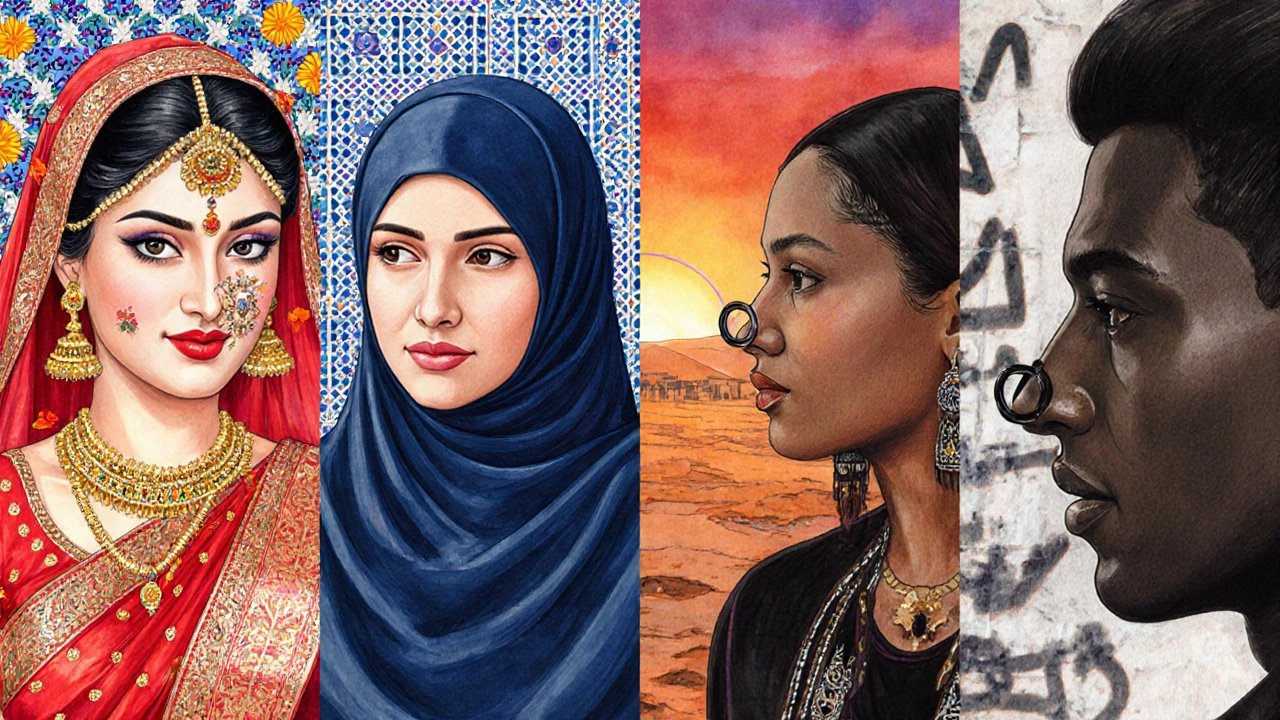 Four-panel watercolor showing nose piercings in India, Middle East, Africa, and West.