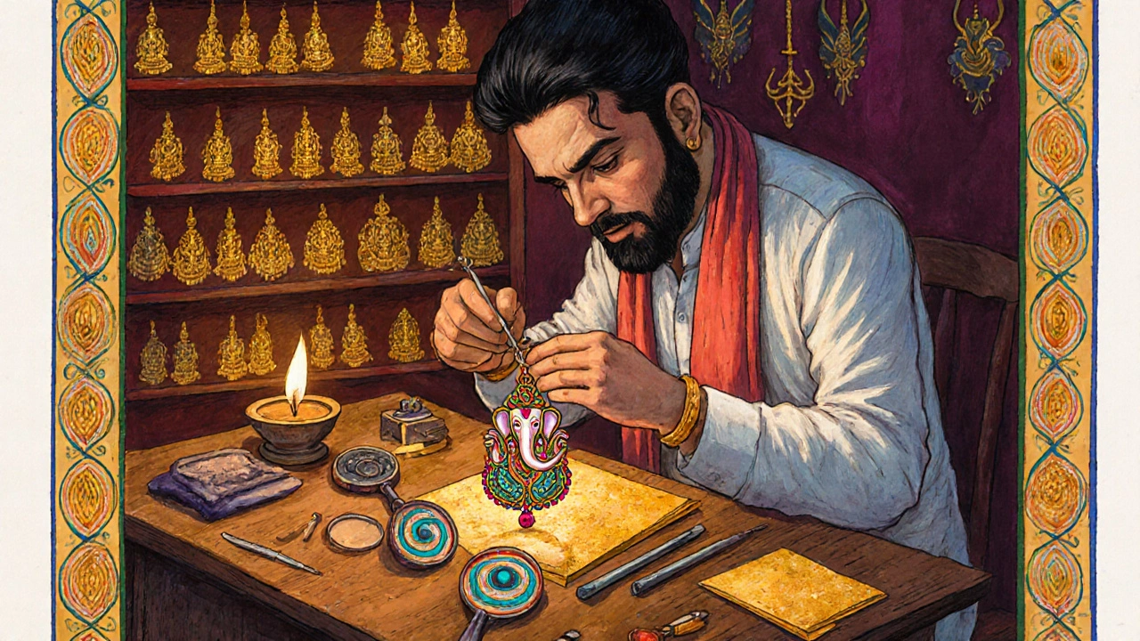 Goldsmith setting a ruby into a Ganesha pendant in a workshop.