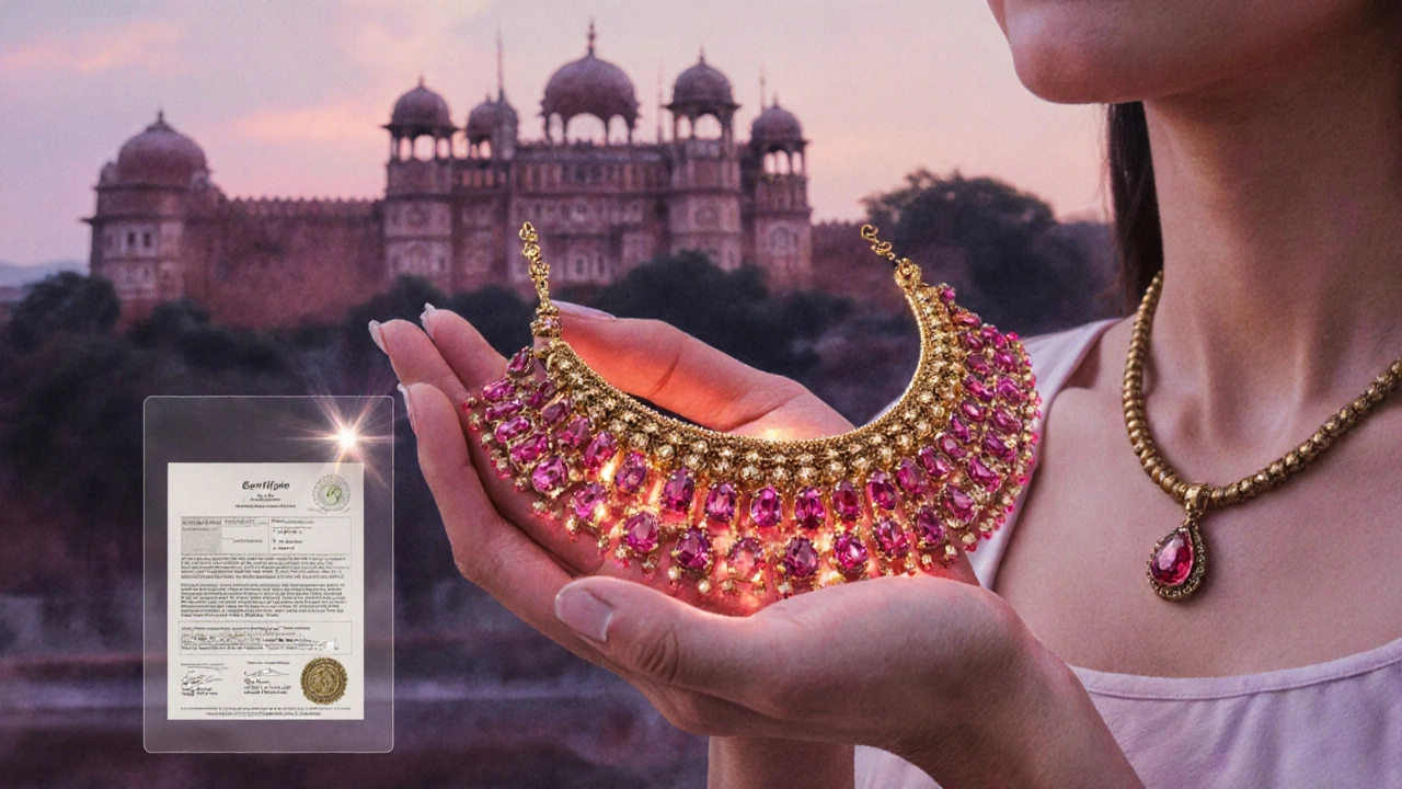 Hand holding ruby temple necklace with a soft glowing background.