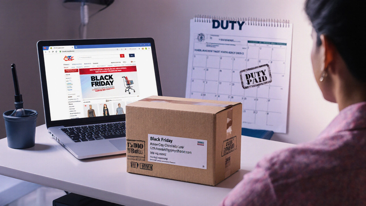 Home desk scene with laptop shopping US sale, forwarding box, and customs stamp indicating cleared duties.