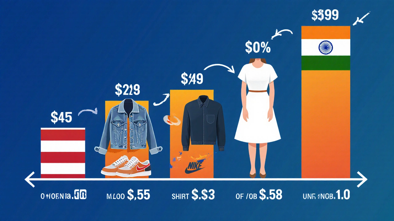 Illustrated brand items with bar graphs showing US prices lower than Indian prices.