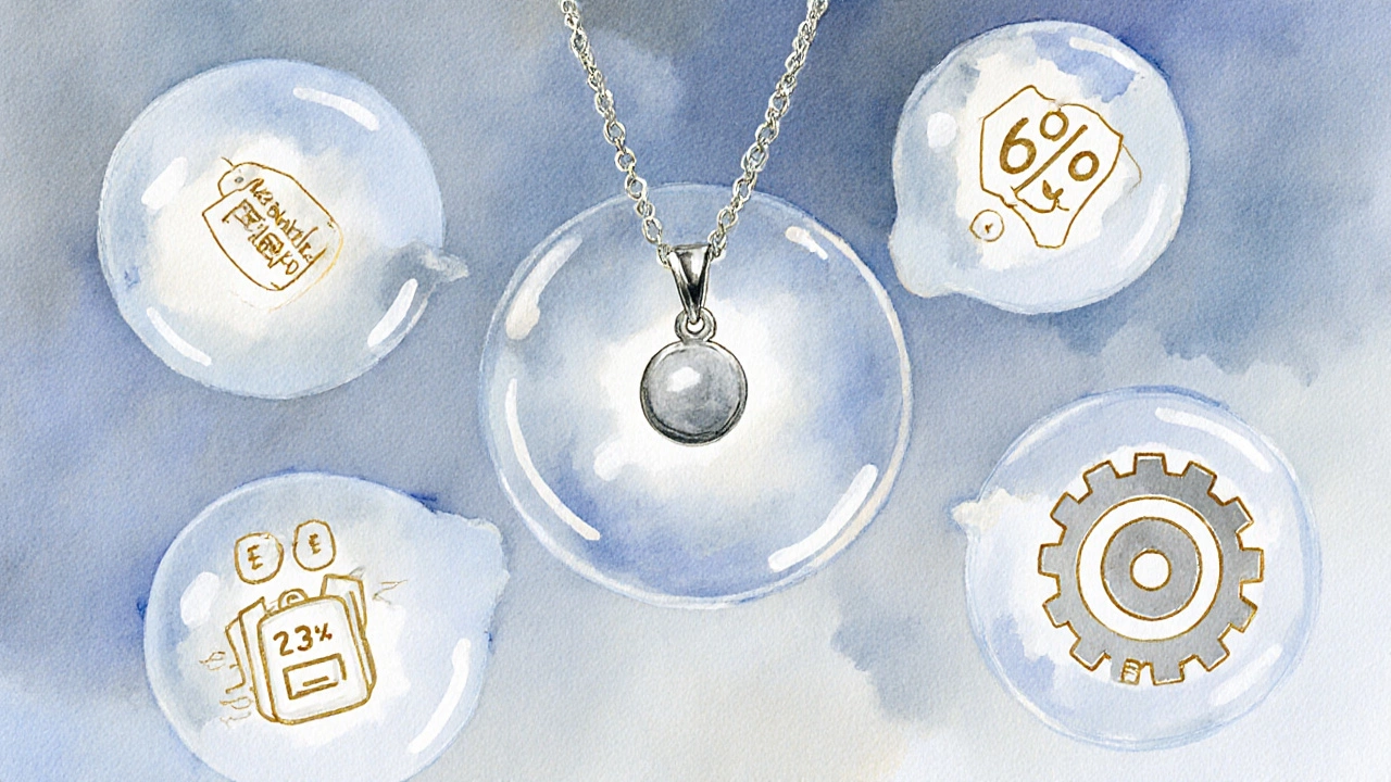 Illustration of fee percentages floating around a silver pendant.