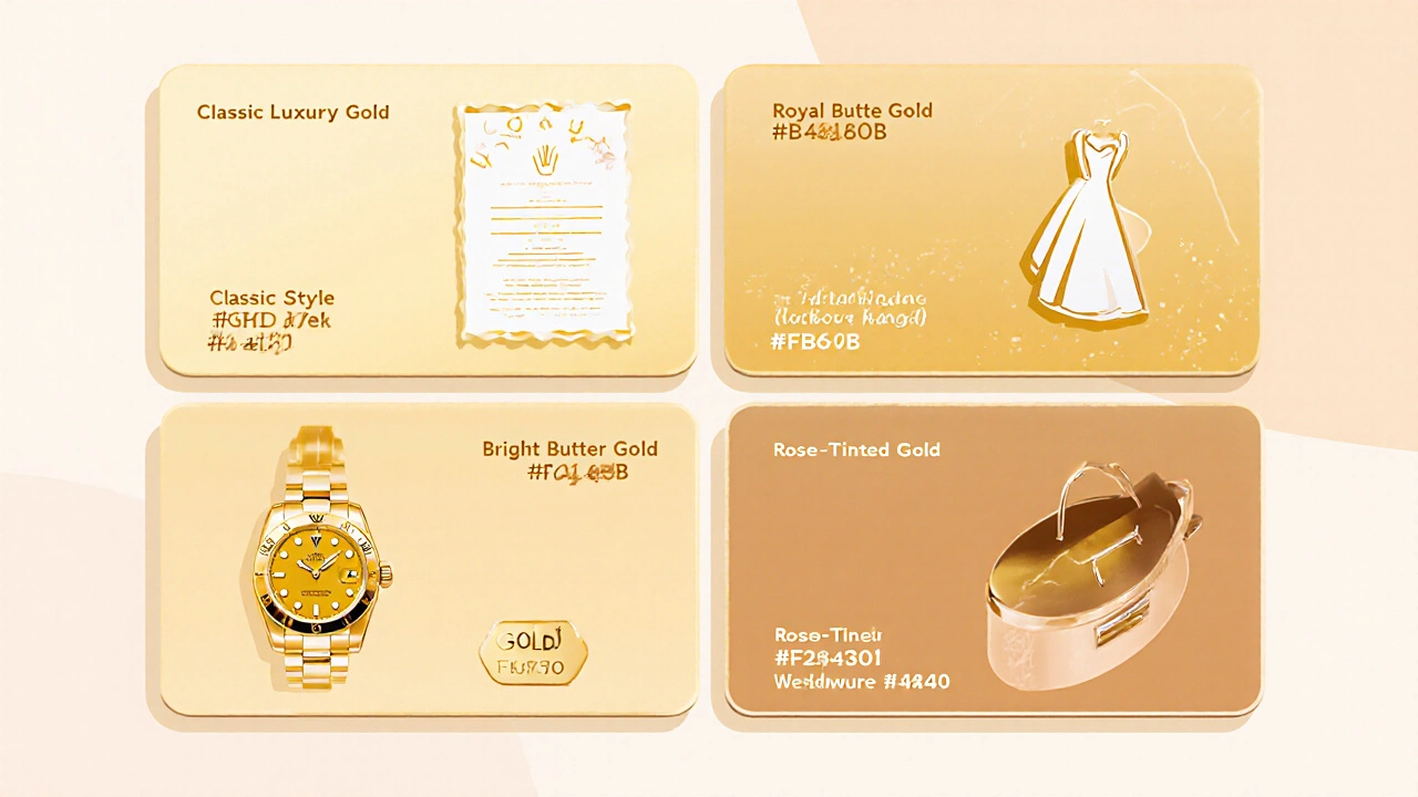 Illustration of four gold swatches next to luxury items like a watch and invitation.