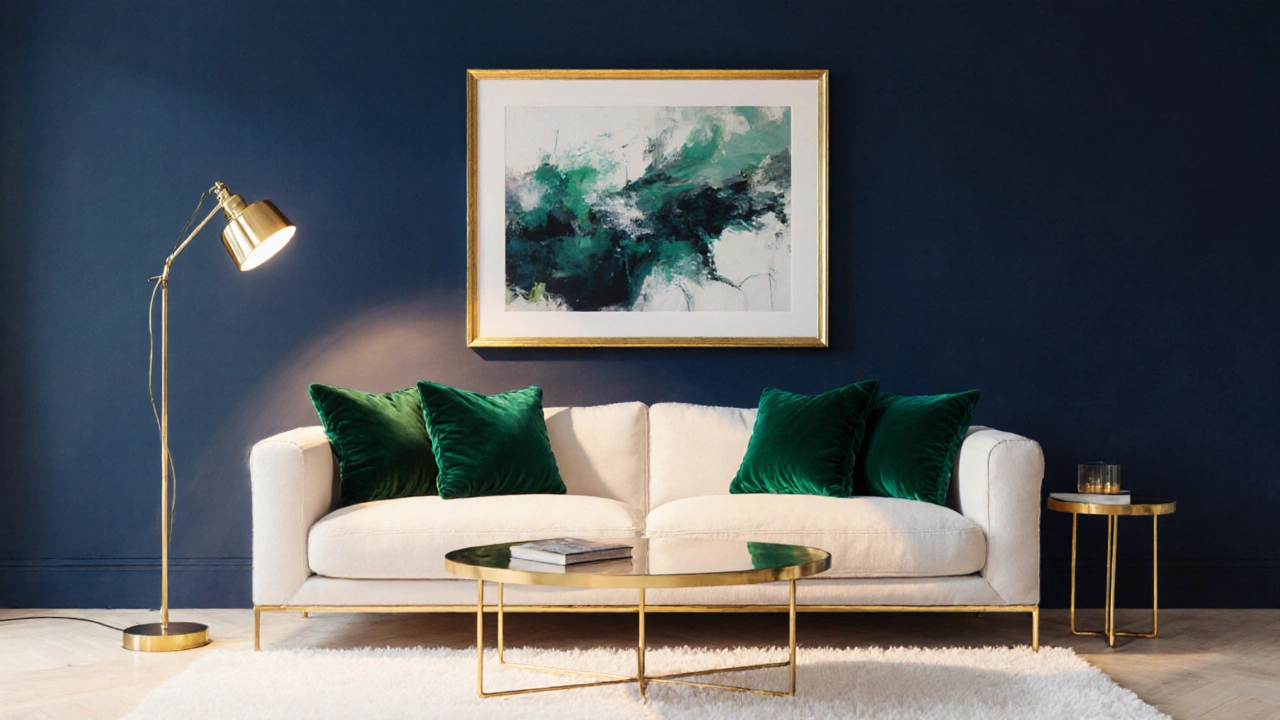 Living room featuring gold picture frames on a navy wall with emerald green cushions and ivory sofa.