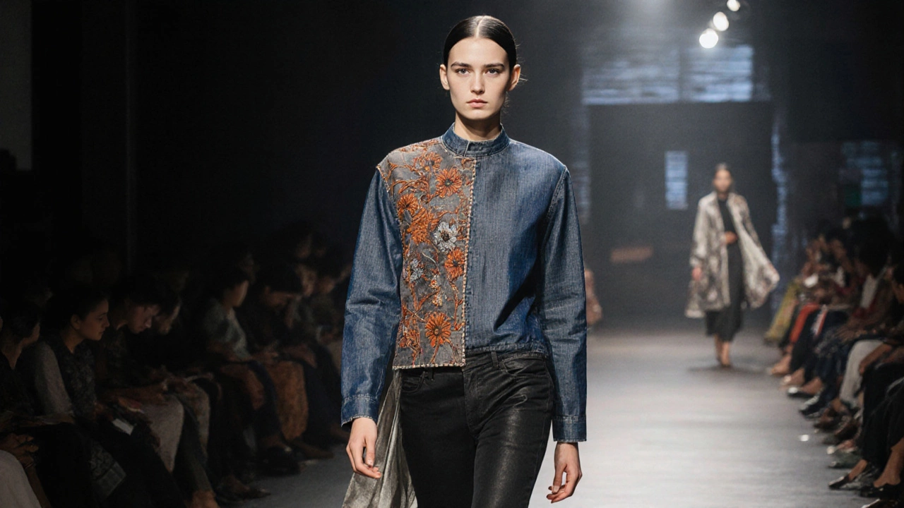 Model on runway wearing a hybrid kantha‑stitched garment with denim and silk.