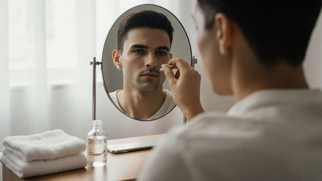 Modern person holding a crystal nose stud near a saline bottle in a bedroom.