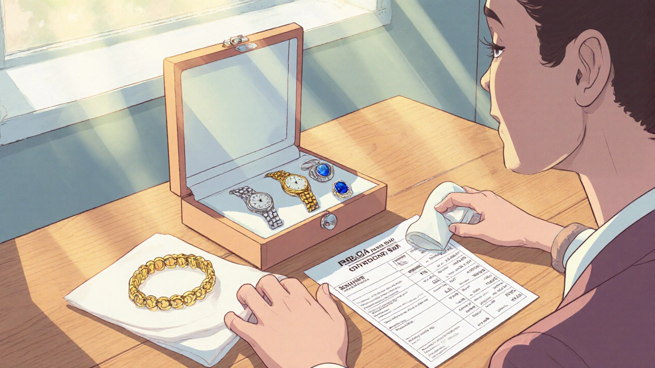 Person arranging jewelry, certificates, and a price chart on a table before visiting a pawn shop.