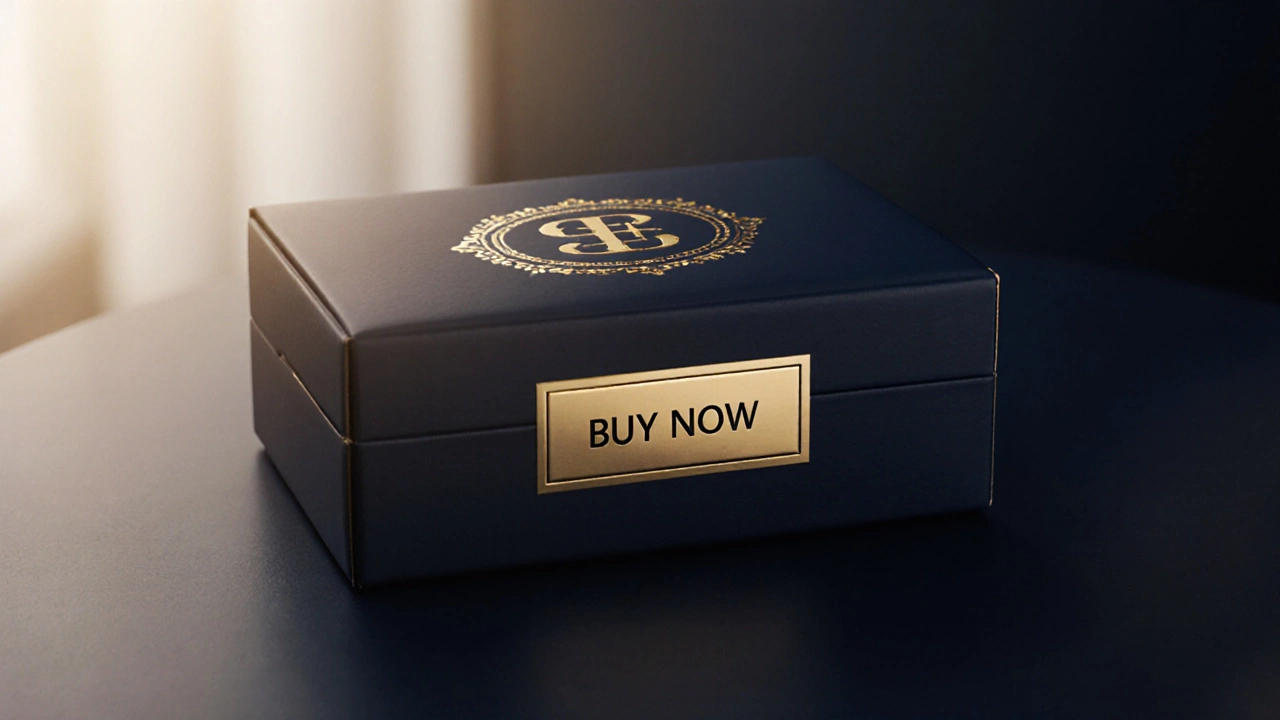 Premium packaging box with gold foil logo and button on a dark navy background.