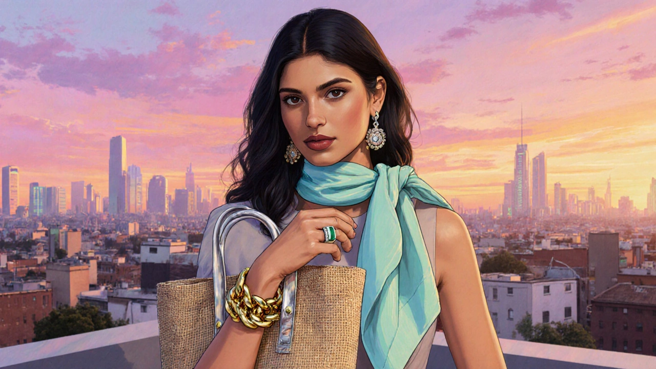 Rooftop portrait with chunky bracelet, pastel scarf, jute tote, smart ring, and mixed‑metal earrings at sunset.