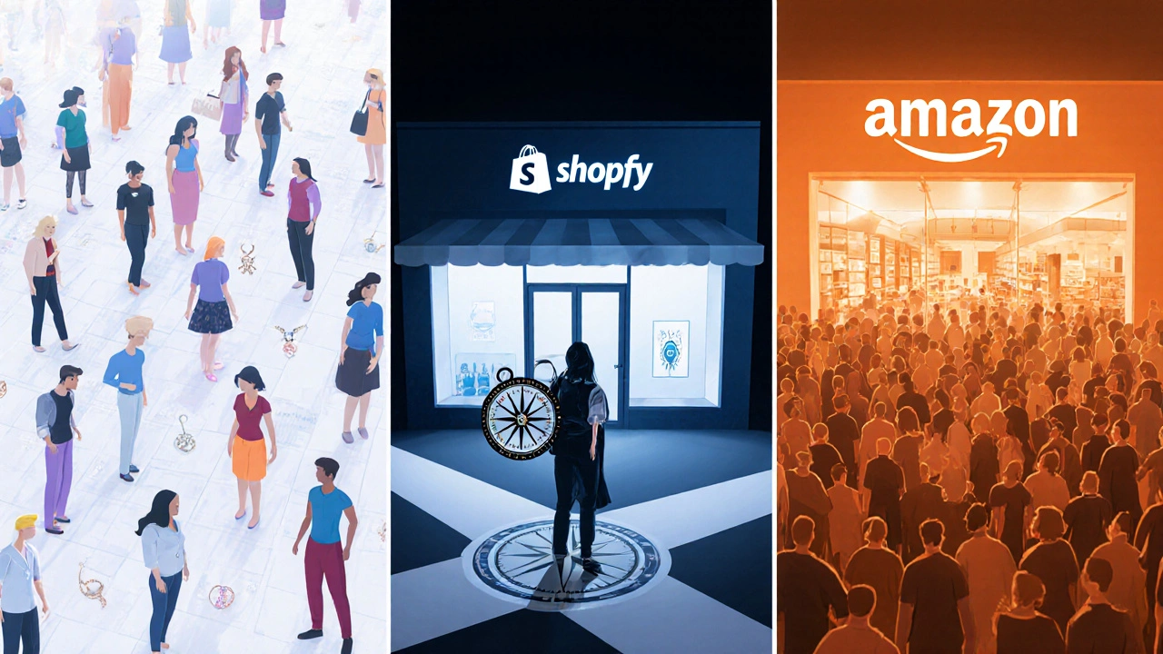 Split-screen of Etsy, Shopify, and Amazon Handmade with jeweler contemplating choices.