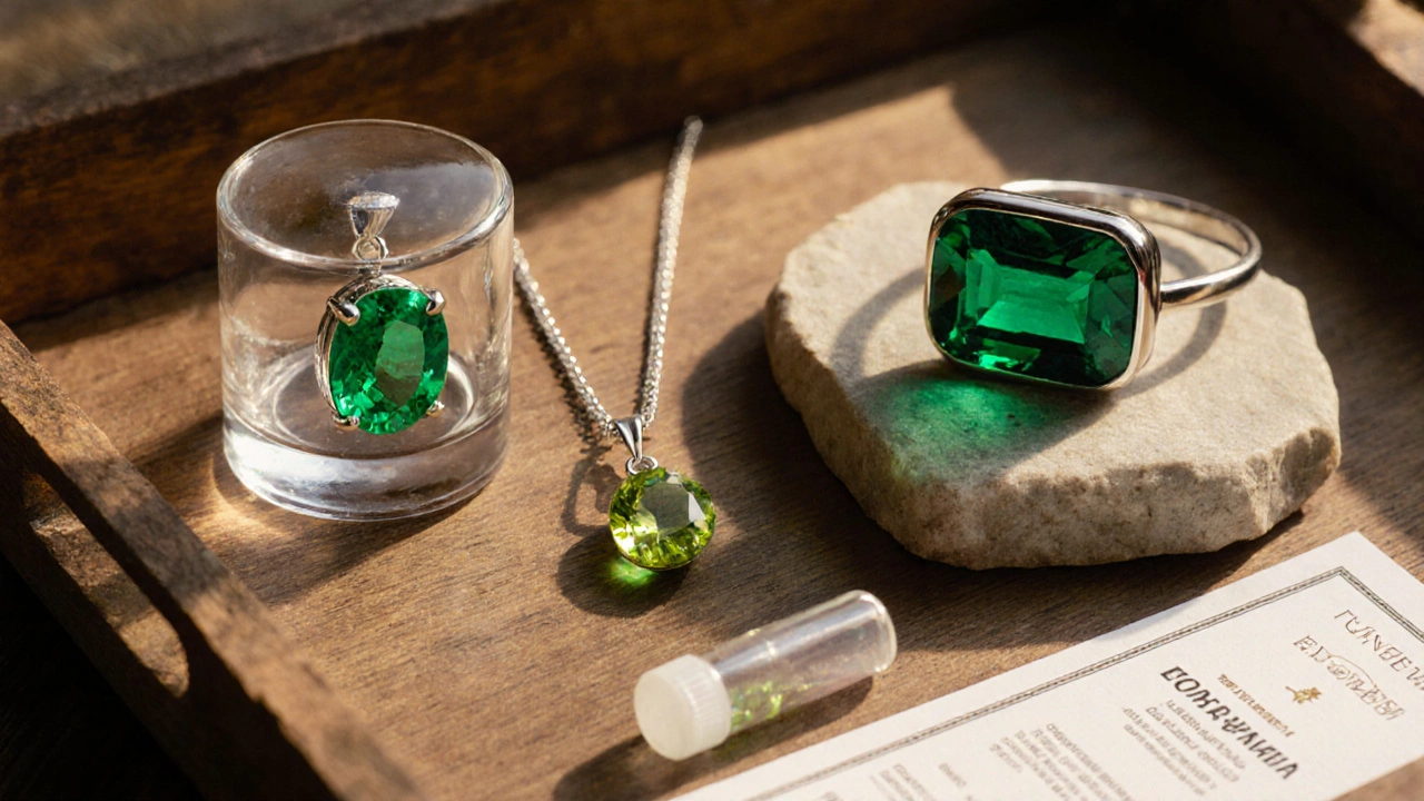 Sunlit wooden tray displaying sealed emerald, peridot, tourmaline, and lab‑grown emerald with certification items.