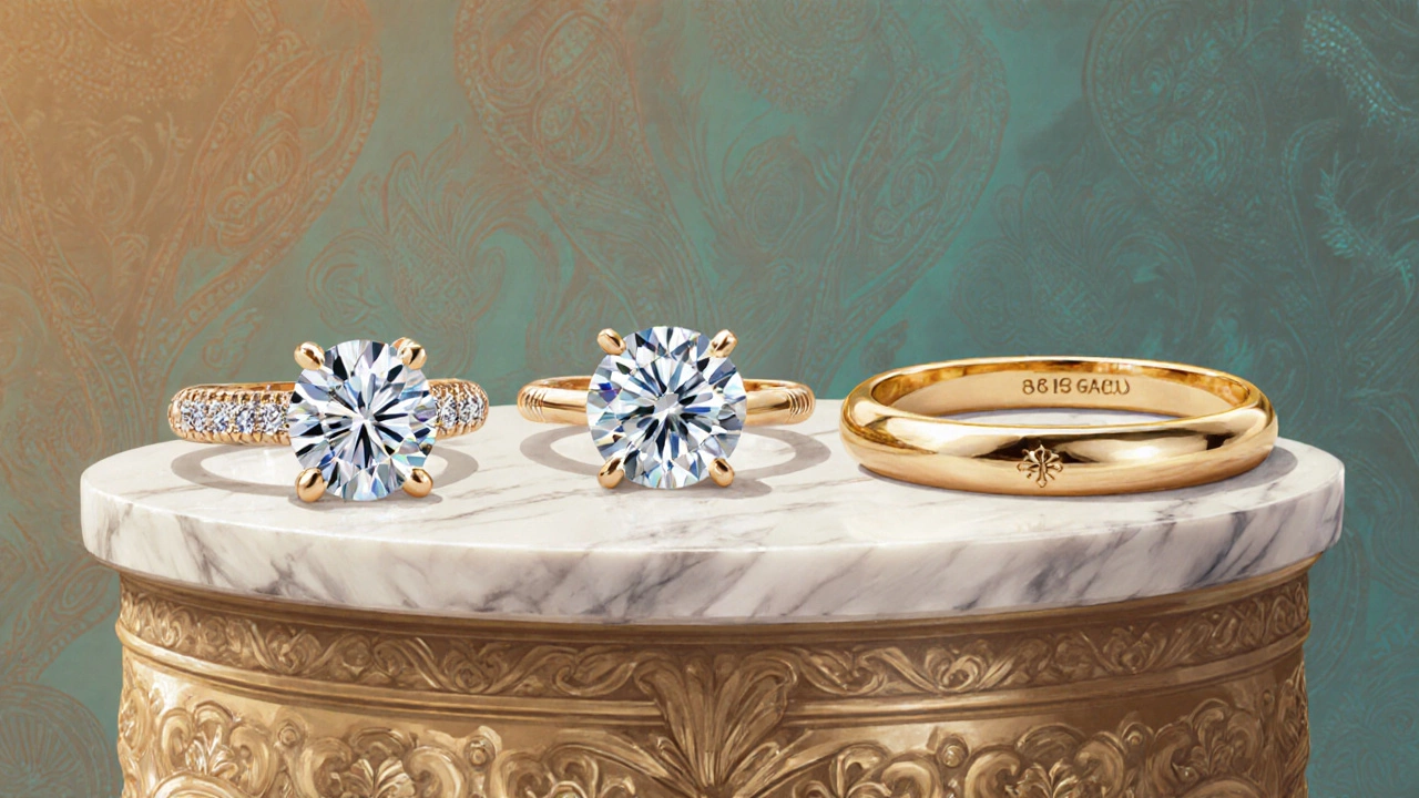 Three engagement rings on a marble plinth: natural diamond in 22k gold, lab-grown in 18k gold, and gold band with hallmark.