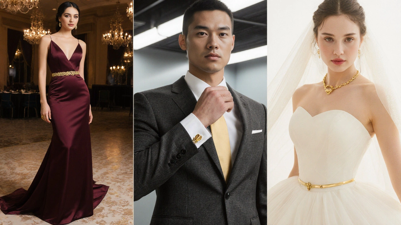 Three styled scenes showcasing gold with burgundy, charcoal gray, and ivory backdrops.