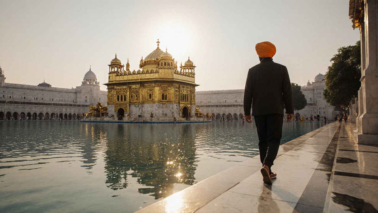 Visitor walking near the temple, seeing the gold dome reflected in the water.