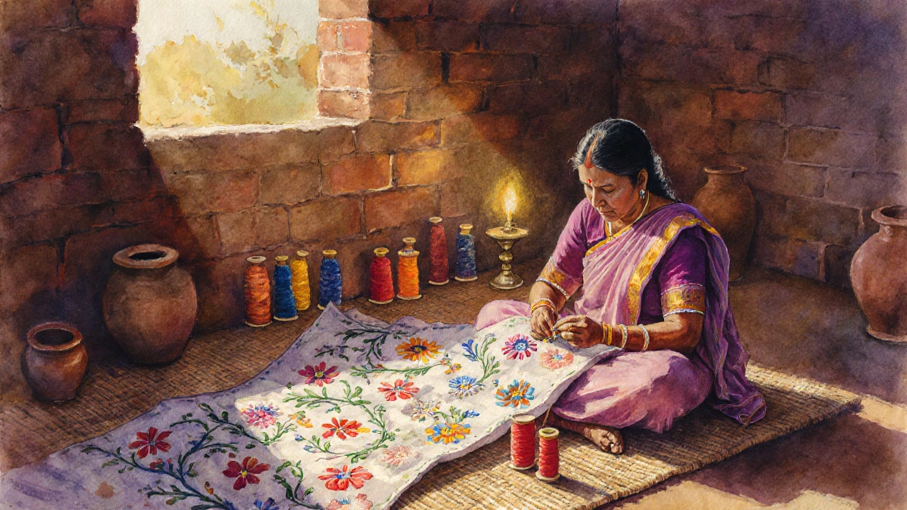 Watercolor of a Bengali woman hand‑embroidering kantha fabric with natural dyes.