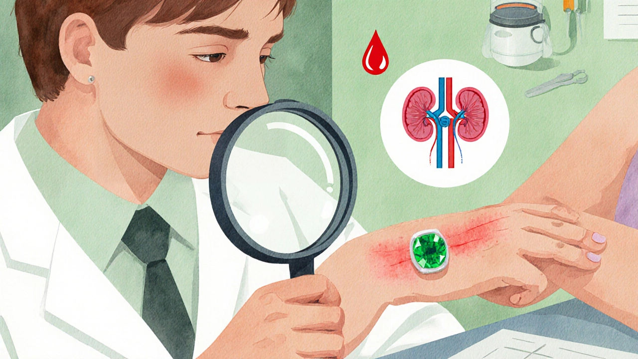 Watercolor scene of a doctor examining a wrist with a green emerald ring, showing skin redness, kidney and blood icons.